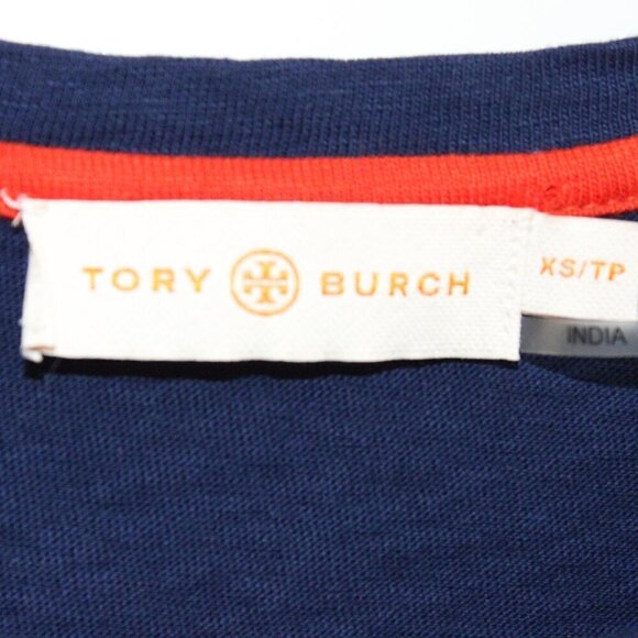 Tory Burch Womens Cotton Jersey Knit Ruffled Short Sleeve Shirt Navy Blue XS - Picture 2 of 3